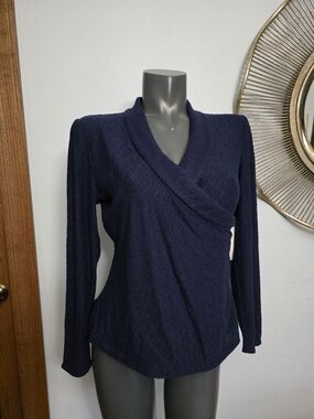 Liz Claiborne Navy Textured Wrap-Front Long Sleeve Top